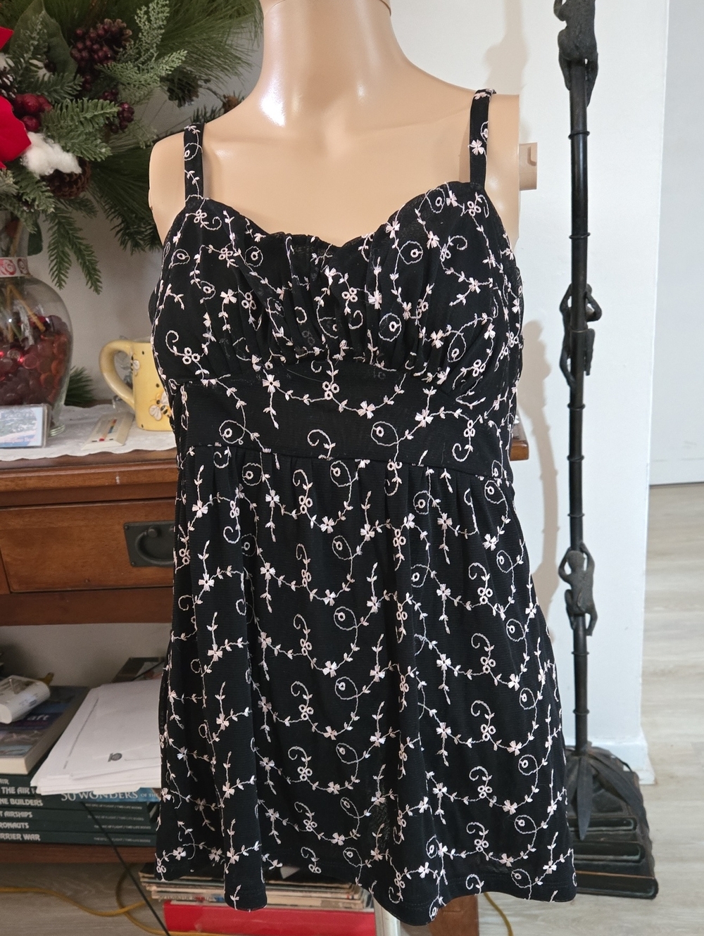 INC International Concepts Black Baby Doll Top with Embroidered Detail. S
